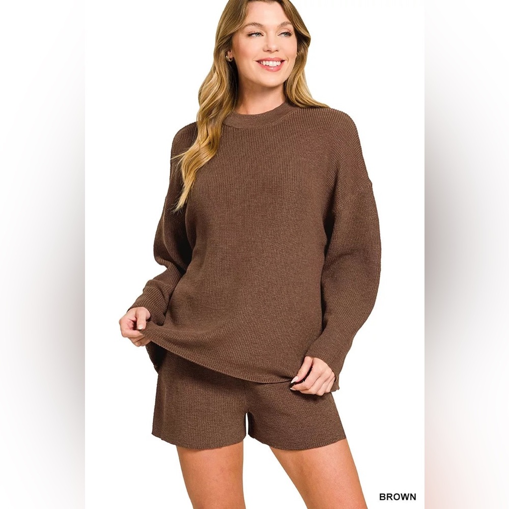 Zenana Cozy Knit Lounge Set | Brown | 2-Piece Shorts Set | NWT